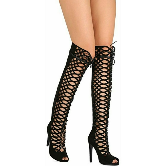 Shoes - Faux Suede Knee High Lace Up Stiletto Boots